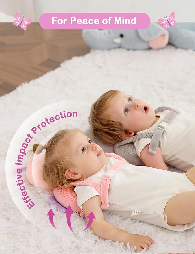JunNeng Baby Head Protector Backpack, Toddler Walking Fall Head Protection, Purple Dots Butterfly