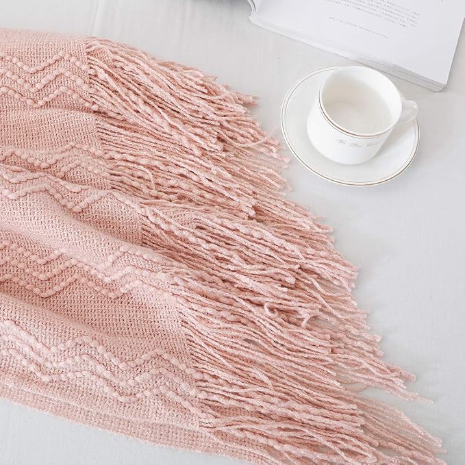 BOURINA Pink Throw Blanket 50x60 Inch Boho Knitted Soft Throw Sofa Blanket | Knitted Throw Blanket 50x60 Inches, Soft Lightweight Boho Weave Throw Decorative Couch Blanket for Living Room Bedroom Chair