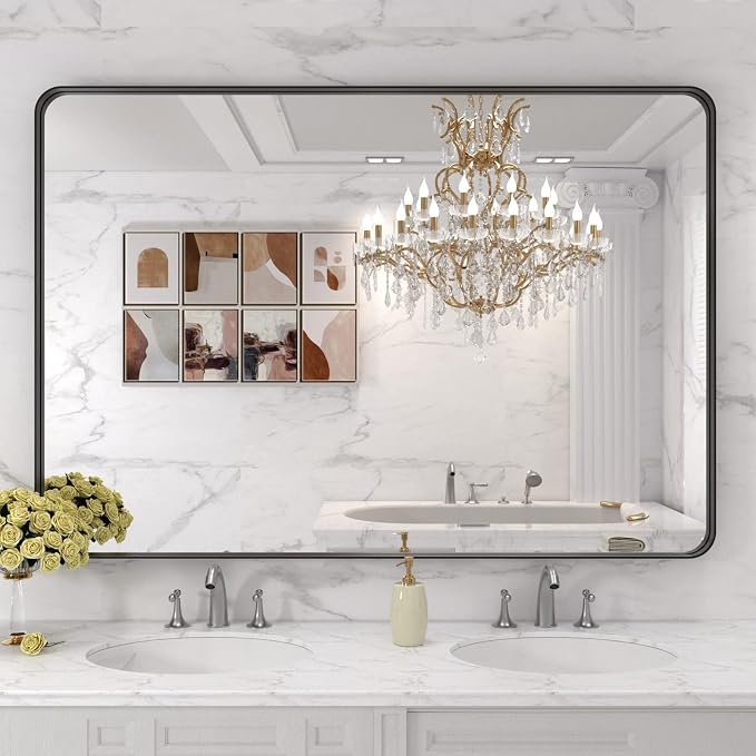 LOAAO 48X32 Inch Black Metal Framed Bathroom Mirror for Wall, Matte Black Bathroom Vanity Mirror Farmhouse, Large Rounded Rectangle Mirror, Anti-Rust, Tempered Glass, Hangs Horizontally or Vertically | Matte Black, Rounded Rectangle, Anti-Rust, Tempere...