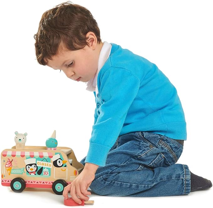 Tender Leaf Toys - Penguin’s Gelato Van - Food Truck Style Pretend Play, Ice Cream and Ice Lolly Wooden Vehicle - Encourage Role Play and Develops Social Skills for Children - Age 18m+