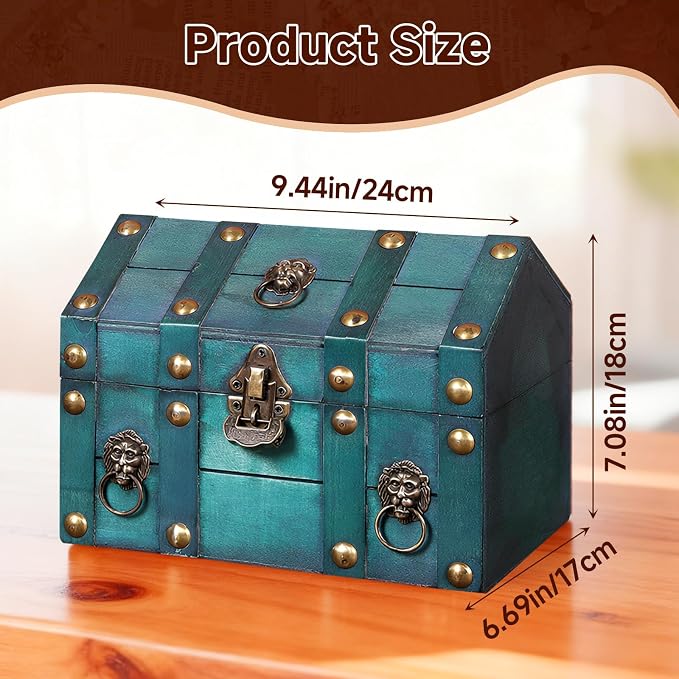Large Vintage Wooden Treasure Chest Antique Box with Metal Lock | Wood Jewelry Box Storage Decorative Boxes Handmade Rectangle Organizer for Women Ring Necklace Earring Coins Collectibles