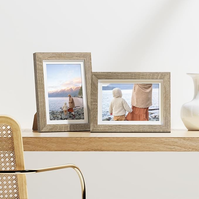 Vittanly 5x7 Picture Frames Set of 9 for Wall Mount & Tabletop, Light Wood | Display Pictures 4x6 with Mat or 5x7 without Mat, Small Photo Frames, Engineered Wood with Shatter Resistant Plexiglass