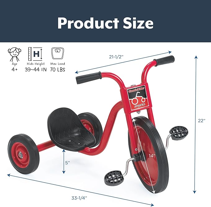 Angeles Kids Tricycle, Toddler Tricycle with Solid Airless Rubber Tires, Kids Bike for Preschools and Daycare, Ages 4+, ClassicRider 5" Tall Seat