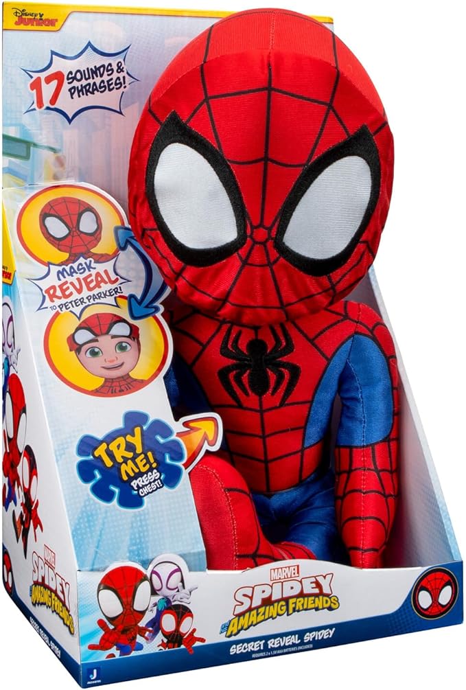 Marvel’s Spidey and His Amazing Friends - Feature Plush Spidey Secret Hero Reveal - 12” Plush with Sounds - Toys for Kids Ages 3 + - Superhero Toys for Kids 3 and Up