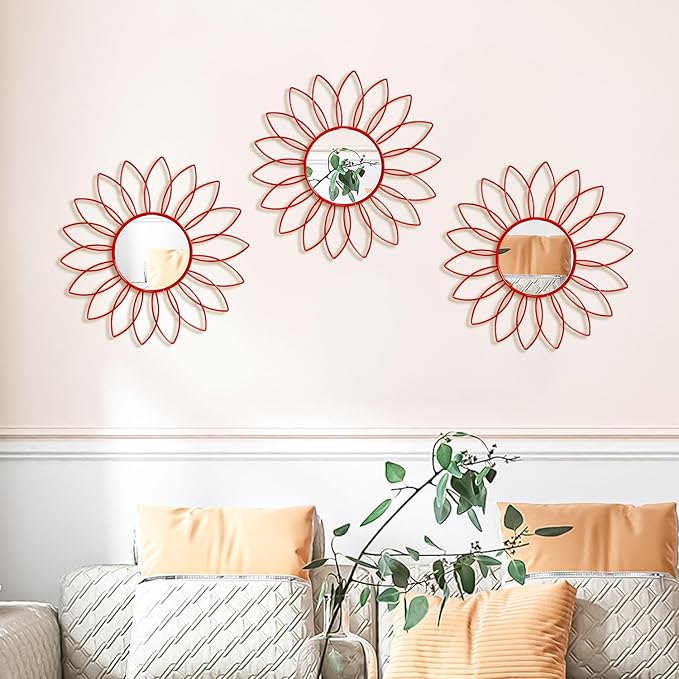 3 Pack Metal Mirrors for Wall Sunburst Wall Mirrors Home Décor Decorative Hanging Wall Art for Living Room Bedroom Entryway (Red, Flowers)