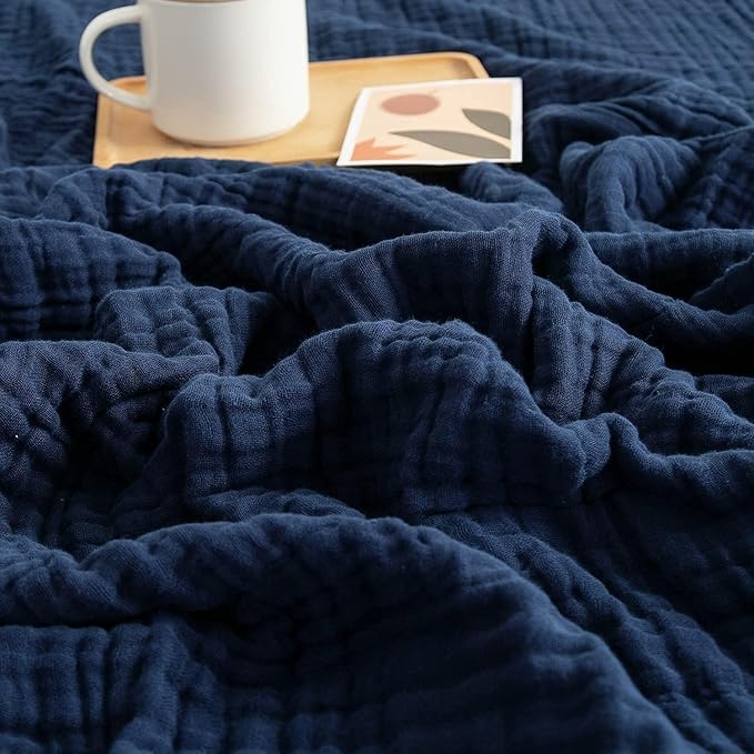 EMME Muslin Blankets for Adults Throw Blanket for Couch Breathable Gauze Soft Lightweight Airy Navy Queen 90" x 90"