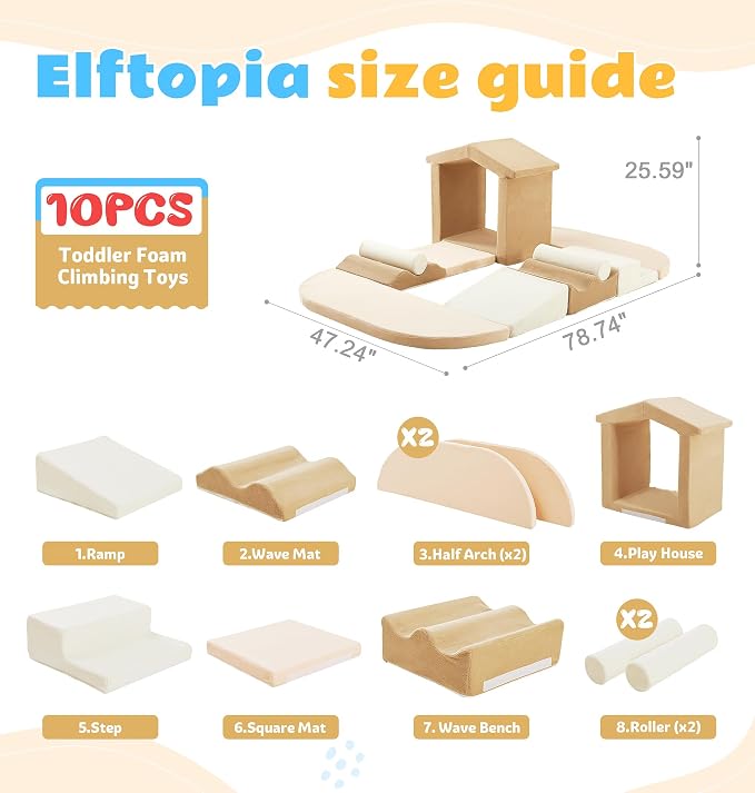 Elftopia 10-Piece Foam Climbing Blocks with Ramp & Stairs for Toddlers,Soft Play Gym Set,Foam Toddler Climbing Toys for Indoor Crawling,Sliding & Creative Play-Classic Color