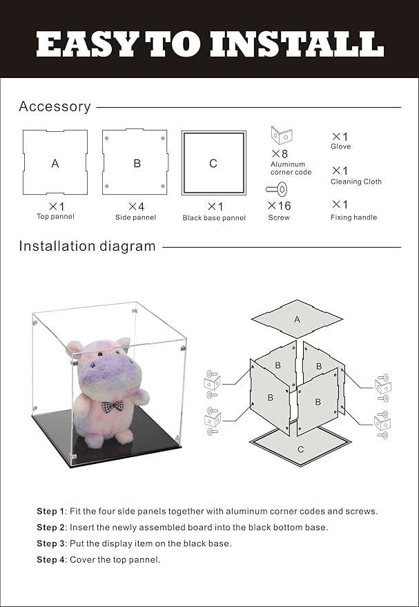 Clear Self-Assembly Acrylic Boxes for Display, Transparent Display Case with Black Base and Lid, Cube Countertop Storage Boxes Glass Case for Collectibles Models Doll Boy Figurine, 9x9x9Inch