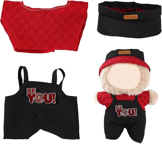 17cm Doll Clothes Set (No Doll) – Outfit with Hat & Overalls, Handmade Accessories for Mini Dolls, OB11-Compatible Dress-Up Gift (Black Hat)