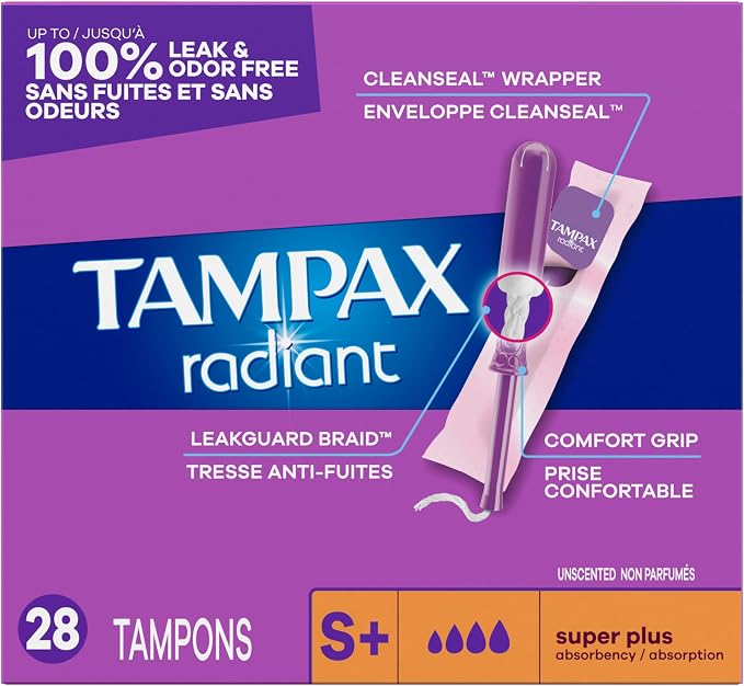 Tampax Radiant Tampons, with LeakGuard Braid, Super Plus Absorbency, Unscented, 28 Count, Packaging May Vary