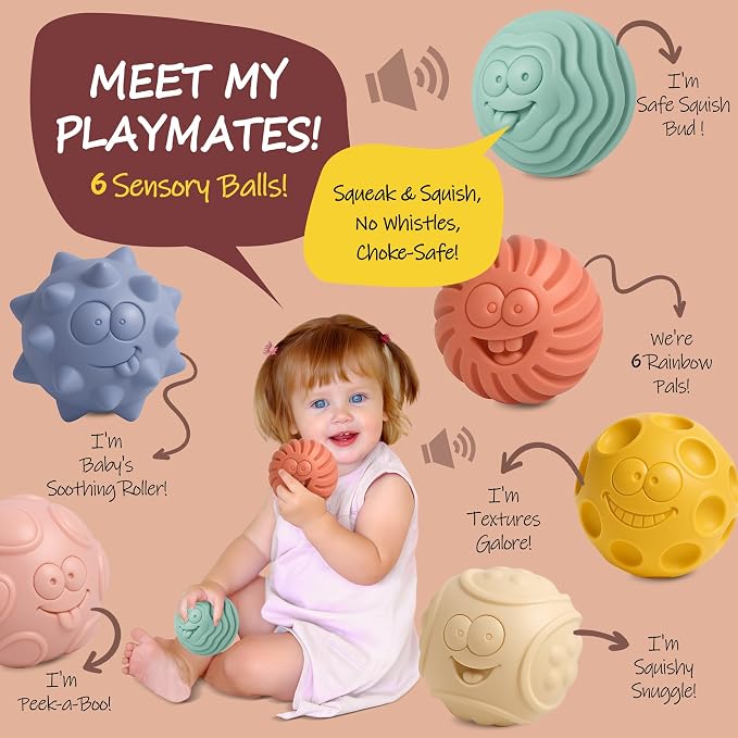 Sensory Balls for Baby, 6PCS Soft Textured Balls for 6-12M | Smiling Faces, Colorful Infant Ball Toys, Tummy Time, Learning & Travel, Montessori Gift for Baby Boys & Girls