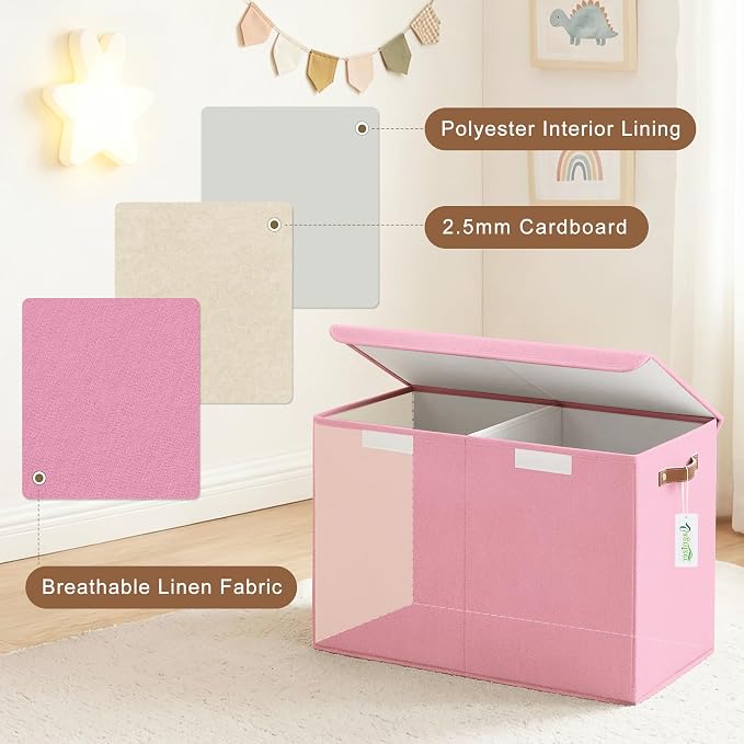 Large Toy Storage Box with Lids, Collapsible Sturdy Baby Storage Organizer Chest Bin Basket for Kids, Boys, Girls, Playroom, Nursery, Bedroom, Closet 25"x13"x16" (Pink)