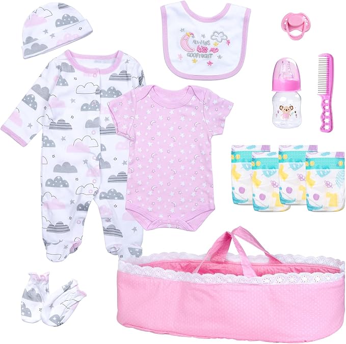 PEDOLLTREE 13 Pcs Reborn Baby Dolls Clothes Girl Accessories Outfit with Pink Dot Bassinet and Diapers Set for 17-22 Inch Reborn Dolls Newborn Baby Girl