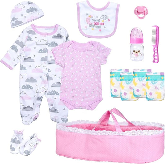 PEDOLLTREE 13 Pcs Reborn Baby Dolls Clothes Girl Accessories Outfit with Pink Dot Bassinet and Diapers Set for 17-22 Inch Reborn Dolls Newborn Baby Girl