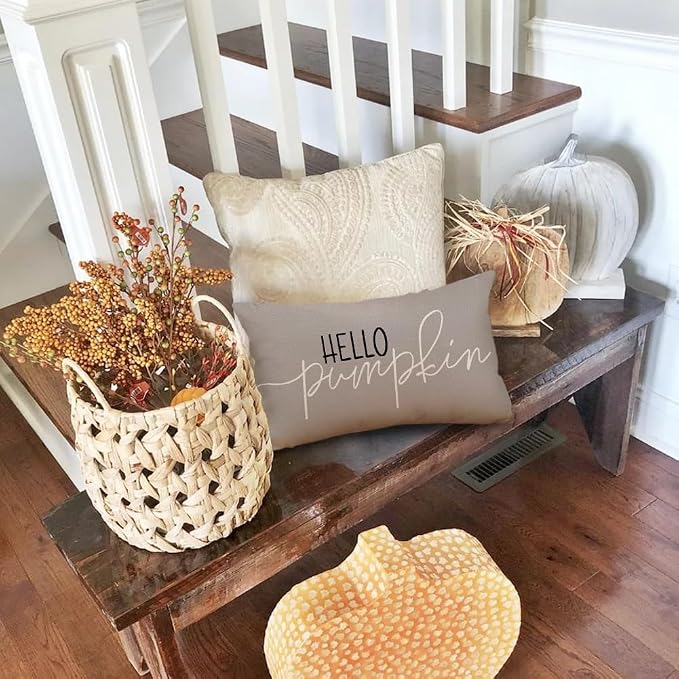 RABUSOFA Fall Pillow Covers 12x20 Inch,Autumn Hello Pumpkin Pillows Decorative Throw Pillows,Lumbar Outdoor Thanksgiving Cushion Cover Farmhosue Fall Decor for Bedroom Couch Sofa Gray