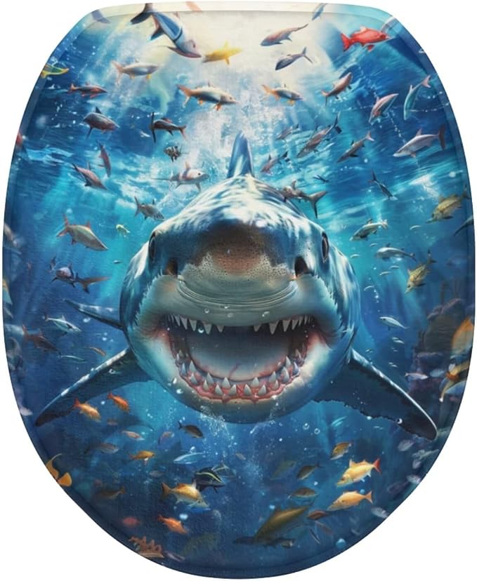Ocean Shark Oblong Toilet Seat Cover Elongated Toilet Seat Cover Soft Toilet Seat Cover Machine Washable Blue Toilet Cover Seat Bathroom Decoration