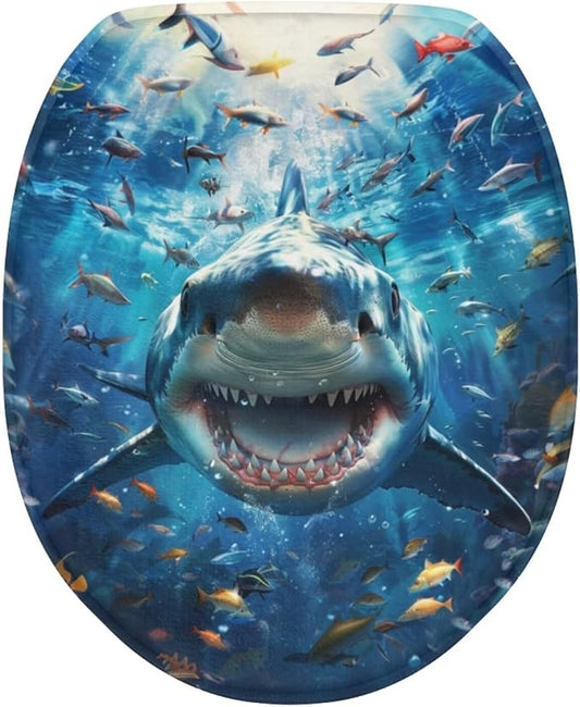 Ocean Shark Oblong Toilet Seat Cover Elongated Toilet Seat Cover Soft Toilet Seat Cover Machine Washable Blue Toilet Cover Seat Bathroom Decoration