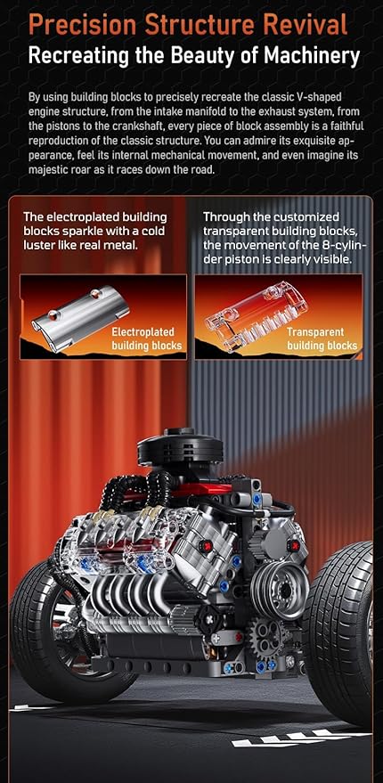 Sosuy V8 Engine Building-Blocks Sets, Working Motor Model, 487+PCS Mechanic Display Home Set for Collection Fans, STEM Cars Toys for Boys, Birthday Gitf for 8+ Kids Adults Men Girls