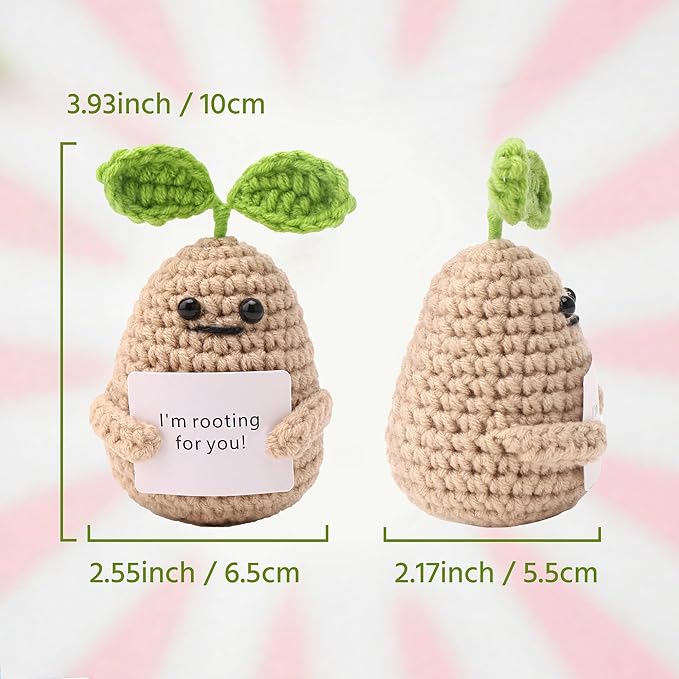 Crochet Potato Plush with Positive Message, Emotional Support Stuffed Animal for Desk Decor, Handmade Tiny Friend with Inspirational Card, Funny Gifts for Women Office Accessories, 1 Pack
