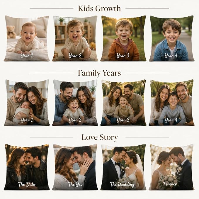 Bemaystar Custom Pillow Set of 4, Personalized Photo Pillow Covers with Picture Text, Made in USA, Custom Gifts for Family Pet Couple, Decorative Throw Pillow Gifts for Birthday Christmas (No Insert)
