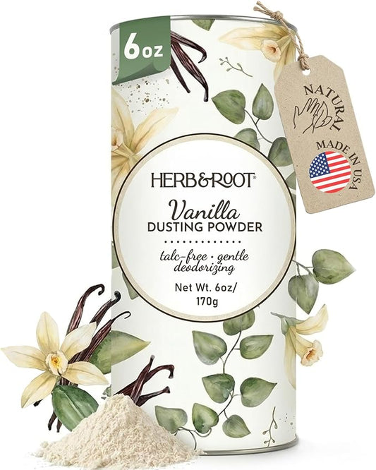 Herb & Root Talc Free Body Dusting Powders. Rose, Vanila, Sandalwood, Lavender, Jasmine, and Gift Sets (Full Size, Vanilla)