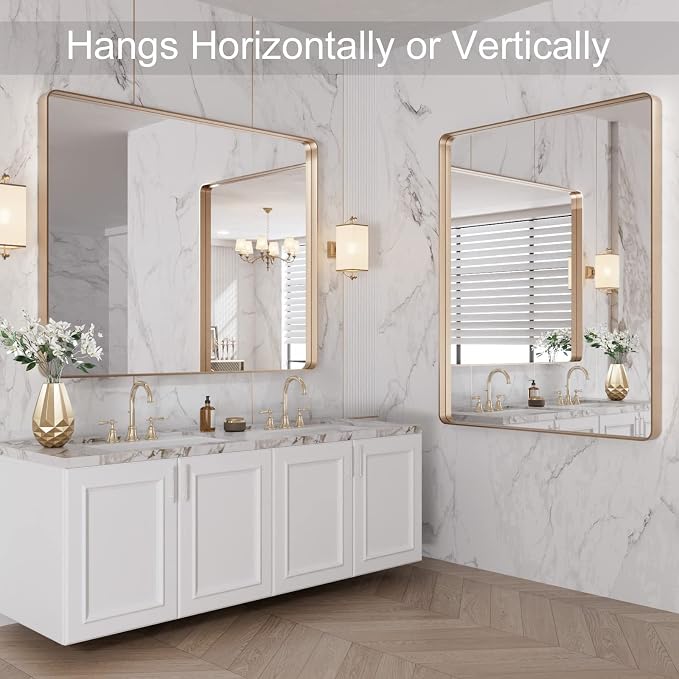 LOAAO 40"X32" Gold Bathroom Mirror | Rounded Rectangle, Brushed Gold Frame, Wall-Mounted, Anti-Rust, Tempered Glass, Hangs Horizontally or Vertically