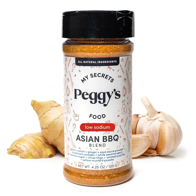 My Secrets Peggy’s Food Asian BBQ Seasoning Blend - Low Sodium Umami Spice Rub for Grilling, Roasting & Stir Fry, All Purpose Meat & Vegetable Seasoning, 4.25 Oz
