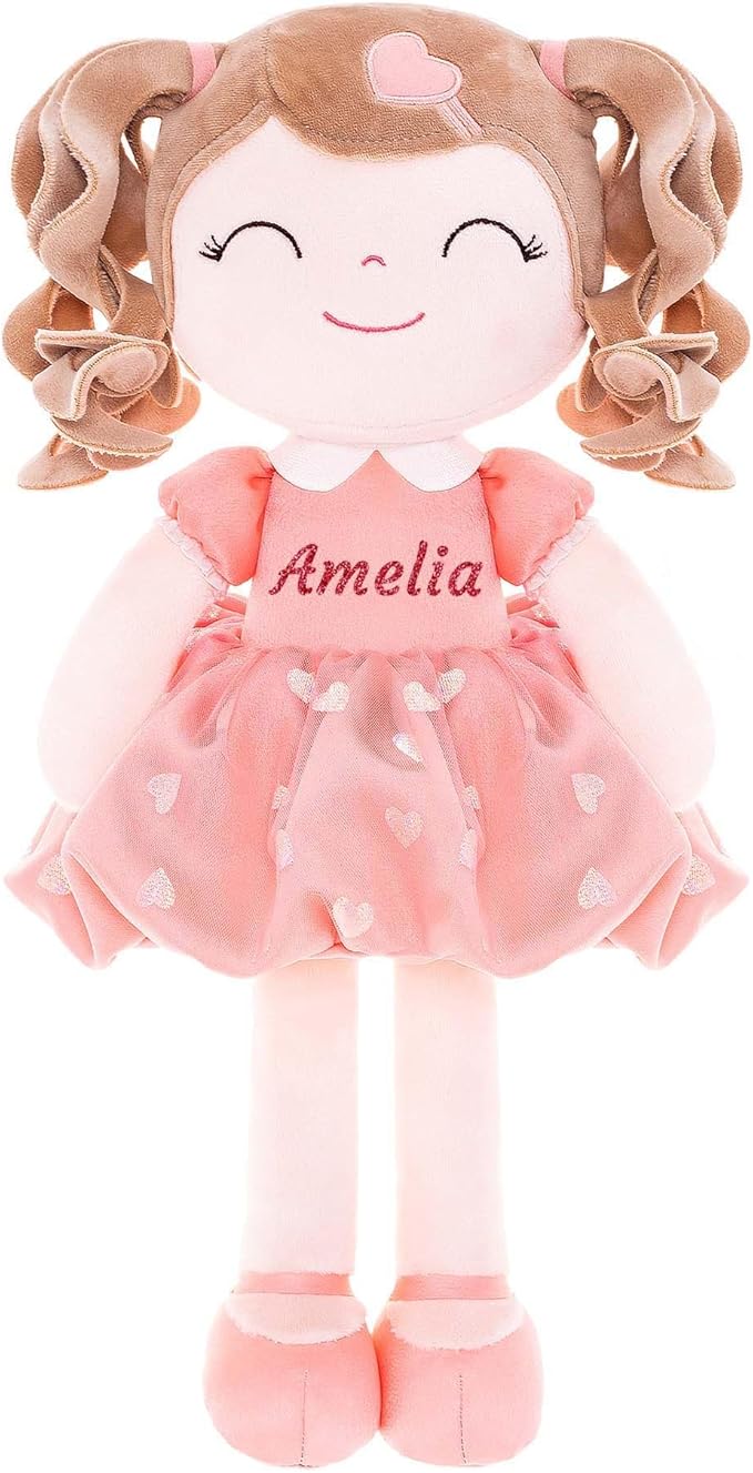 Gloveleya Personalized Baby Girl Gifts – Soft Plush Rag Doll with Name Embroidery, Curly Hair Orange Heart Dress, 16 Inches Cute Companion for Kids, Birthday