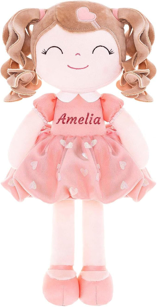 Gloveleya Personalized Baby Girl Gifts – Soft Plush Rag Doll with Name Embroidery, Curly Hair Orange Heart Dress, 16 Inches Cute Companion for Kids, Birthday
