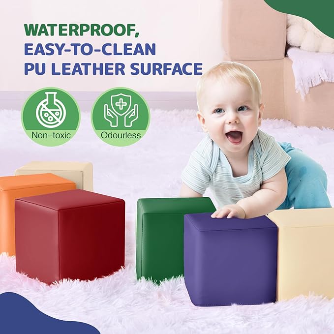 Foam Building Blocks for Kids: 12-Pieces PU Leather Colorful Foam Blocks - Building Toys for Toddler - Giant Stacking Blocks Toys - Soft Indoor Playset for Birthday Gift Preschool Learning (Classic)