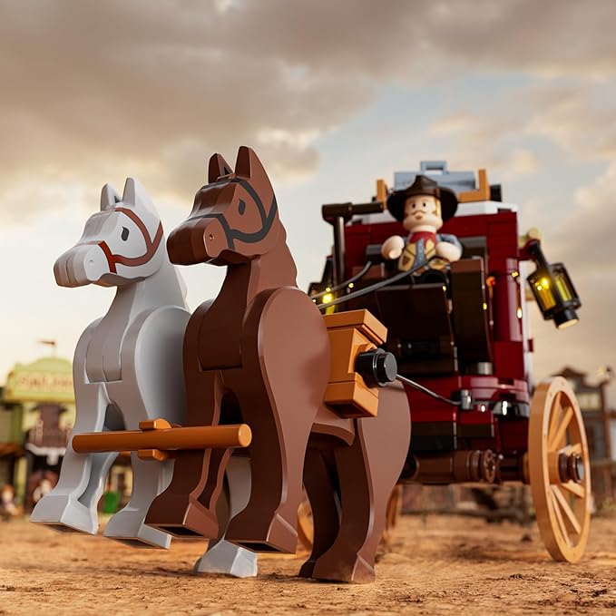 FUNWHOLE Western Stagecoach Lighting Building-Bricks Set - Old West Carriage and Horse 293 Pcs Collection Display Set for West Lovers