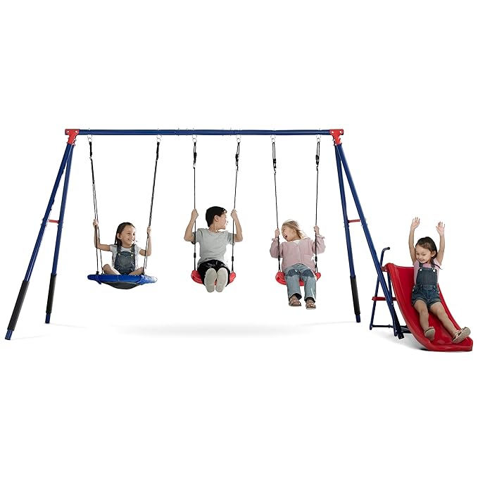 Delta Children FunZone Outdoor Metal 4-Piece Swing Set - Includes 2 Swings, 1 Disc/Saucer Swing and Slide, Blue/Red