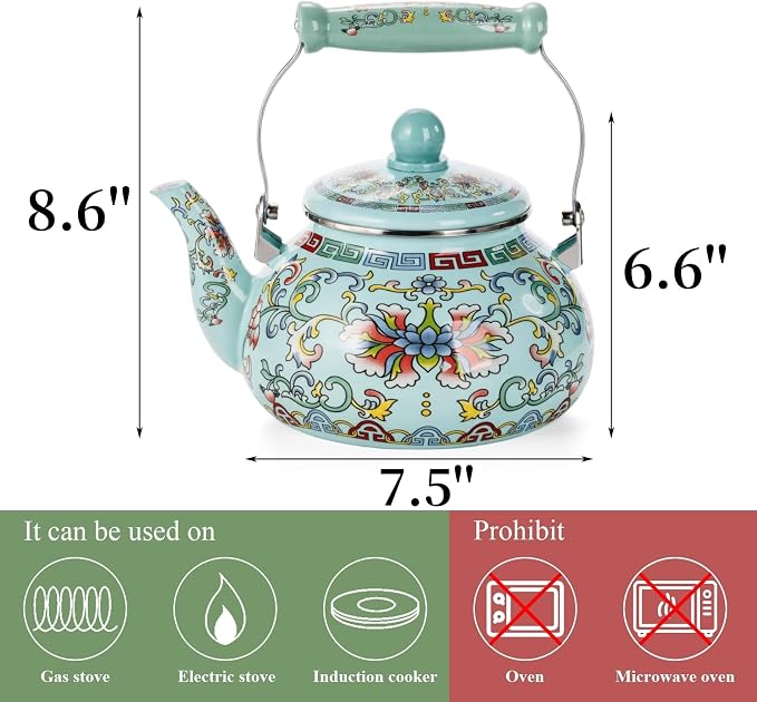 Pumtus 2.6 Quart Floral Enamel Tea Kettle, Vintage Enameled Teapot Stovetop, Enamel on Steel Water Coffee Tea Pot with Ceramic Handle, Colorful Hot Water Kettle for Home Kitchen Decor, No Whistling