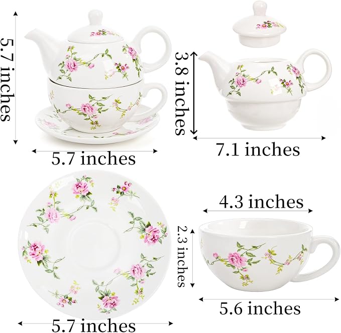 Coloch Tea for One Set, Porcelain Teapot Cup and Saucer Set with Tassel Vintage Floral Ceramic Tea Set for One for Women, Home, Office, Afternoon Tea, Rattan Flower Design