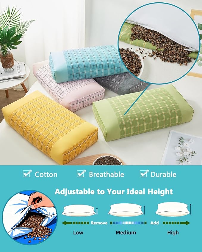 Buckwheat Cube Pillows for Side Sleepers,19.6"x9.8" Buckwheat Hulls Filling Cervical Neck Support Pillows for Sleeping, Customizable Height, Plaid Pillow Covers,Blue