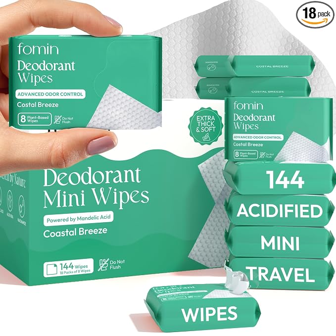 FOMIN Acidified Travel Deodorant Mini Wipes For Women & Men- Costal Breeze - 144 Count - pH Balanced, Biodegradeable Mini Deodorant Travel Size Wipes - Plastic-Free, Underarm Body Wipes