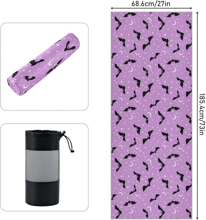 Halloween Bats Moons Yoga Mat Towel 73 x 27 Inch Non Slip Soft Sweat Absorbent Hot Yoga Mat Towel for Pilates and Workout