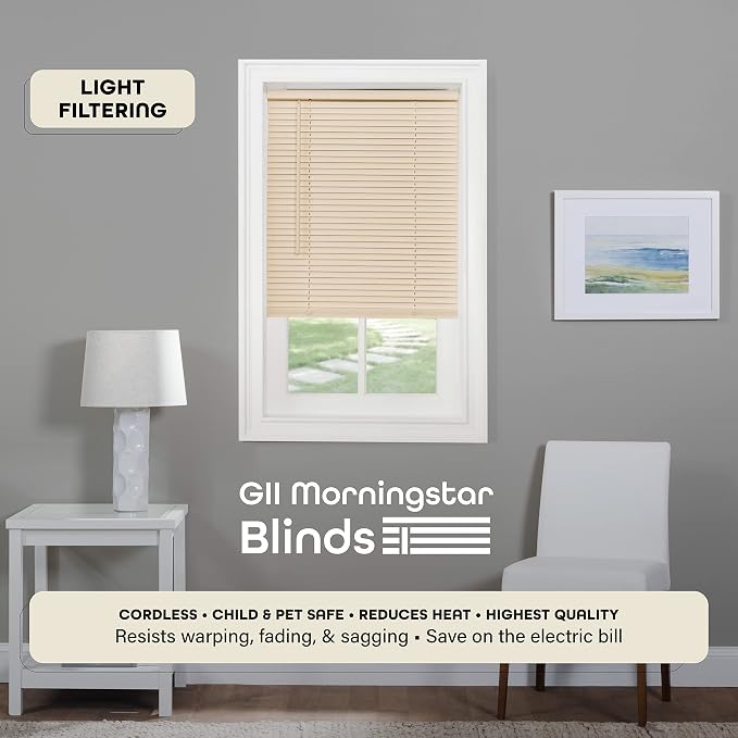 Cordless Light Filtering Mini Blind - 31 Inch Width, 64 Inch Length, 1" Slat Size - Alabaster - Cordless GII Morningstar Horizontal Windows Blinds for Interior by Achim Home Decor