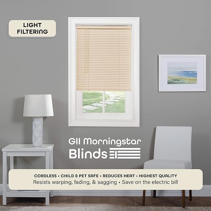 Cordless Light Filtering Mini Blind - 39 Inch Width, 72 Inch Length, 1" Slat Size - Alabaster - Cordless GII Morningstar Horizontal Windows Blinds for Interior by Achim Home Decor
