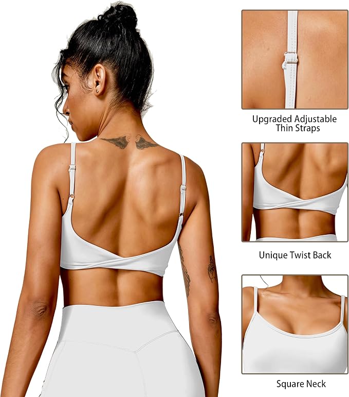 QUOJIZY Sports Bras for Women Open Back Workout Tops for Women Yoga Bra Spaghetti Straps Twist Back