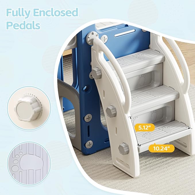 6 in 1 Toddler Slide, Indoor Outdoor Playground for Kids 1-3, Baby Slide with Basketball Hoop, Storage, Climber and Telescope, White Blue