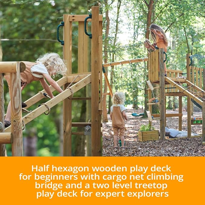 Plum Discovery Wood Swing Sets for Backyard, Kids Yard Play Equipment, Outdoor Toddler Swing with Slide, Monkey Bars, Climbing Bridge, Painting Easel, Built-in Planter Box, Weatherproof, Age 3+ Yrs