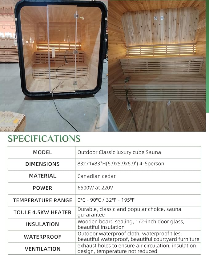 Outdoor Cube Sauna Rooms,4-6person Canadian Cedar Steam Saunas,83Lx71Wx83H inch Panoramic Large Space,6KW 220V Electric Stove Durable,Easy to Install