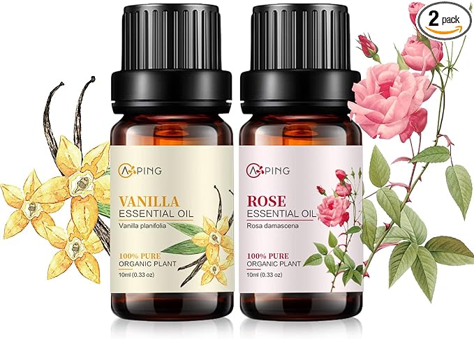 Rose & Vanilla Essential Oils - 100% Pure Organic Natural Plant Oils for Diffuser, Aroma, Spa, Massage, Yoga, Perfume, 2x10ML