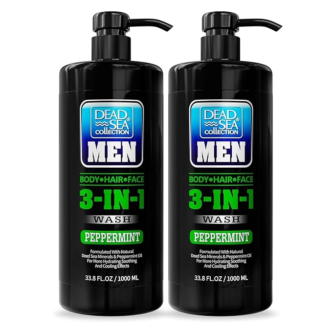 Dead Sea Collection Peppermint Men’s Body Wash – 3 in 1 Body Wash for Men for Hair, Face & Body – Moisturizing Shower Gel with Dead Sea Minerals – Pack of 2 (33.8 fl oz each)
