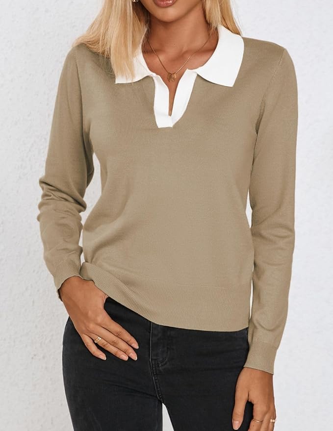 Women's Long Sleeve Classic V Neck Casual Fall Winter Polo Sweater Tops | Basic Collared Knitted Fashion Work Business Formal Daily Wear Versatile Pullover Shirts