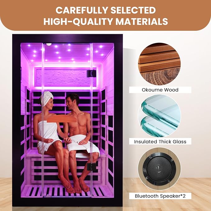 2 Person Infrared Sauna Far Infrared Sauna Room for Home Indoor 2000W Low-EMF Wood Dry Sauna with Full Starry Sky Lights Ceiling in 7 Color Speaker Fast Heating Easy Assembly- 47.3*41.3*74.8 IN