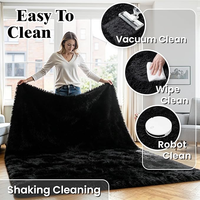 5x7 Area Rug for Living Room, Ultra Soft Fluffy Black Rugs for Bedroom, Non Slip Large Shag Carpet, Fuzzy Plush Nursery Rug, Thick Washable Indoor Floor Carpets for Kids Office Dorm Home Decor