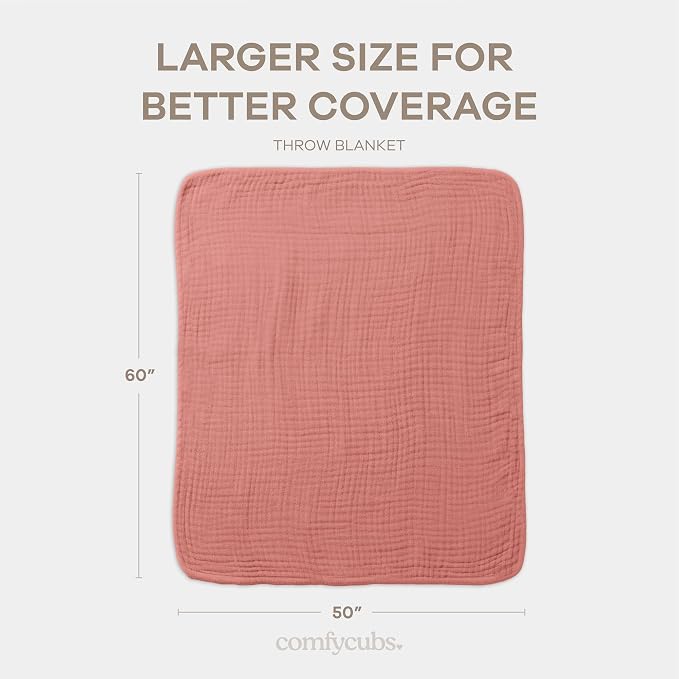 Comfy Cubs Adult Muslin Blanket 50x60” Throw Swaddle Blankets, Dusty Rose | 6 Layer Soft, Breathable & Lightweight Muslin Adult Blanket - Machine Washable & Designed in the US Bedding for All Seasons