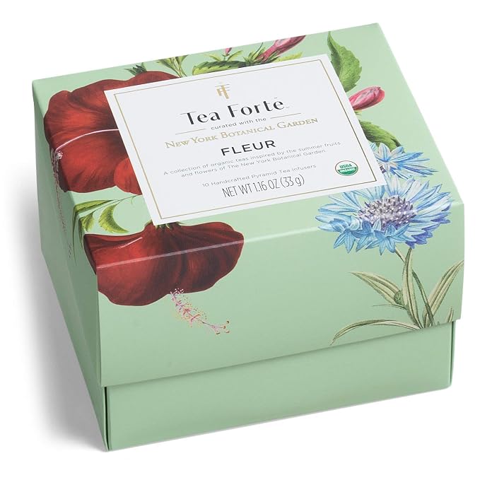 Tea Forte Gift Set with Cafe Cup, Tea Tray, Mini Presentation Box with 10 Handcrafted Pyramid Infuser Tea Bags, Fleur Tea